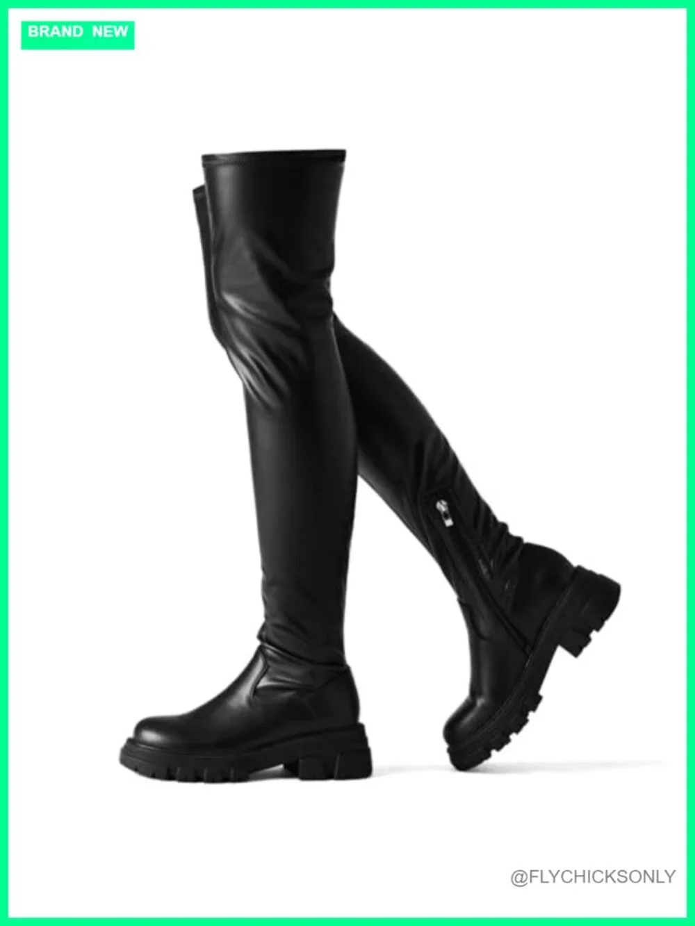 Thigh High Boots Platform Lug Sole Chunky Heels Stretchy Faux Leather Over The